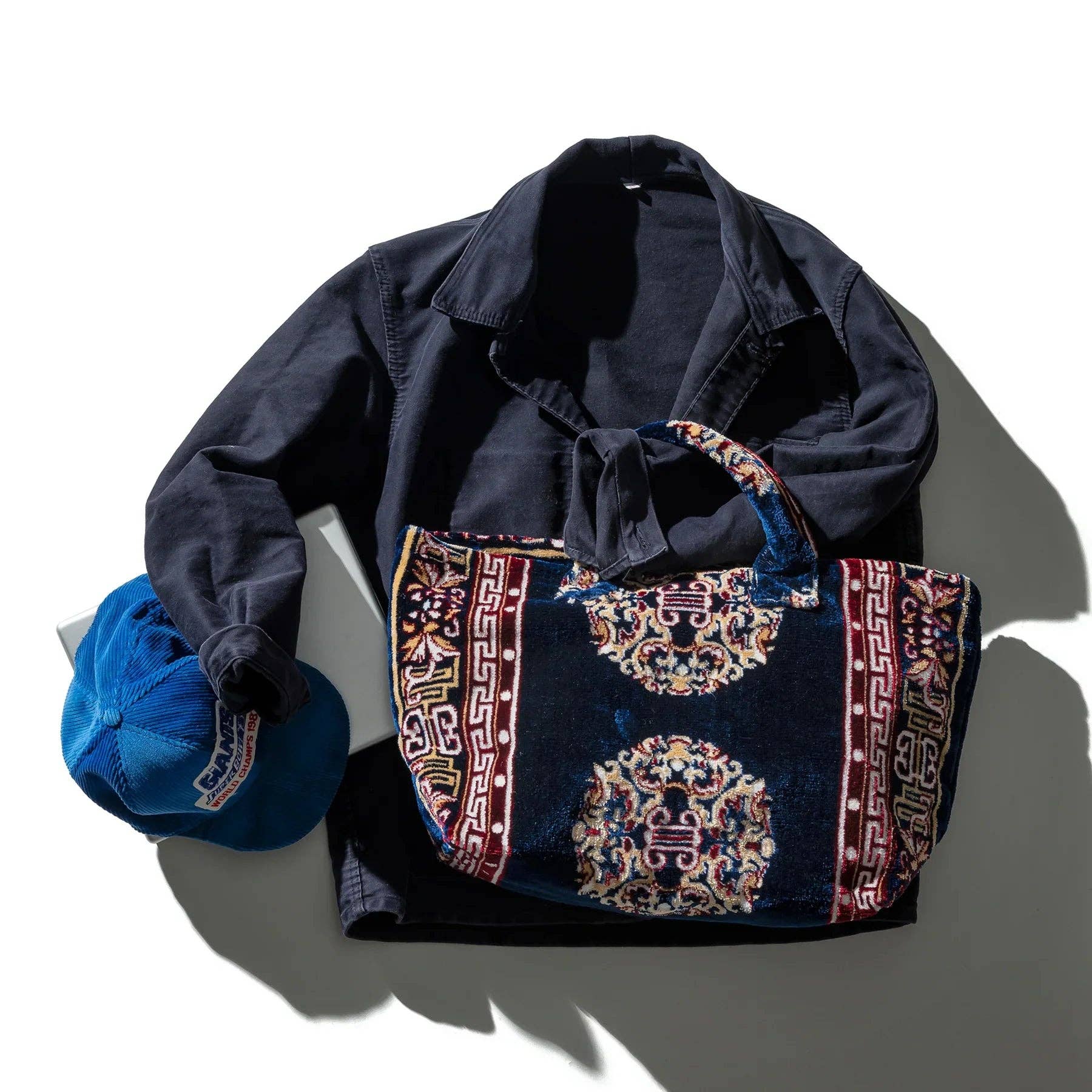Polyester Cotton Rug Fabric Bag in Navy Blue