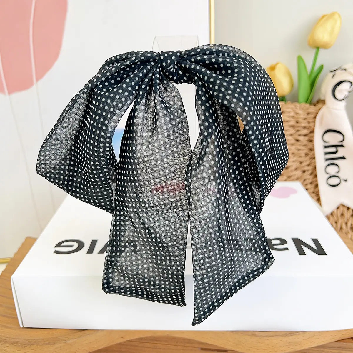 Polka Dot Ribbon Barrette Clip in Grey Micro Dot