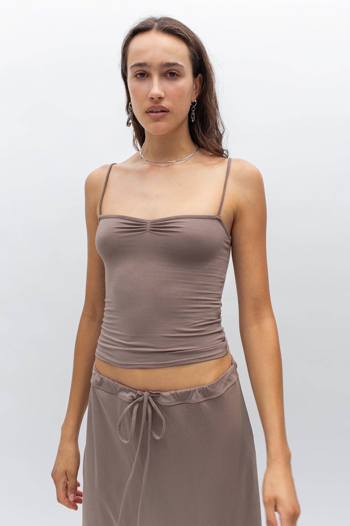 Eva Viscose Spaghetti Strap Knit Top in Sable