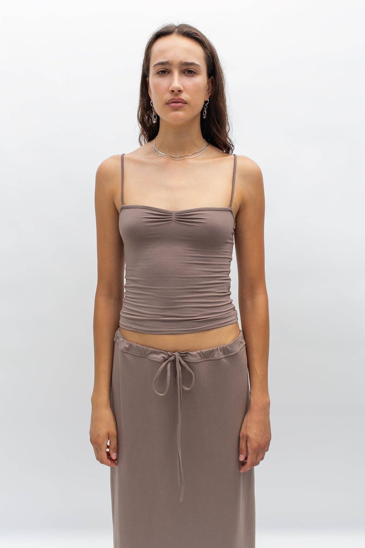 Eva Viscose Spaghetti Strap Knit Top in Sable