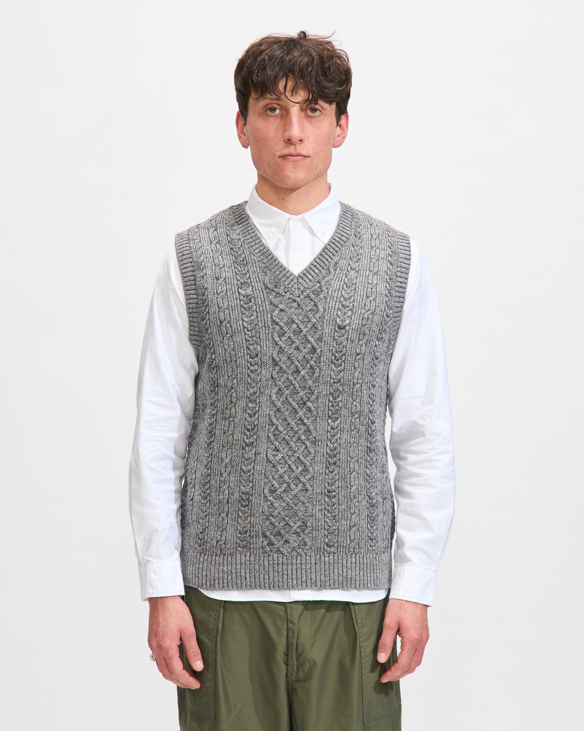 Beams Plus Alan Pattern Vest in Grey Cotton Wool Homme Essentials 
