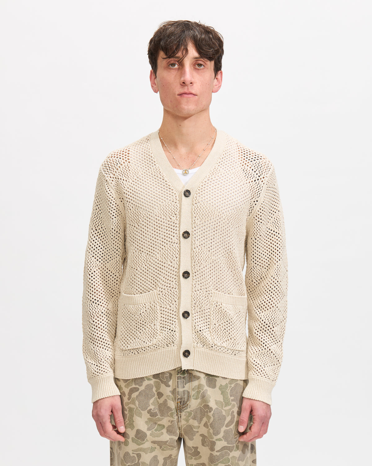 Beams Plus Cardigan Argyle Mesh in Beige Homme Essentials 