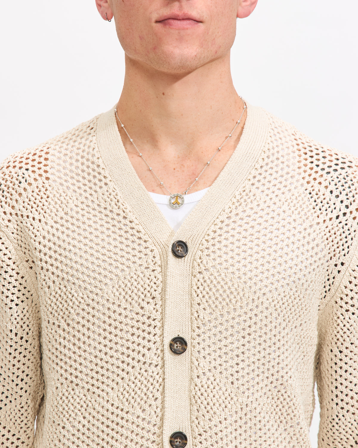 Beams Plus Cardigan Argyle Mesh in Beige Homme Essentials 