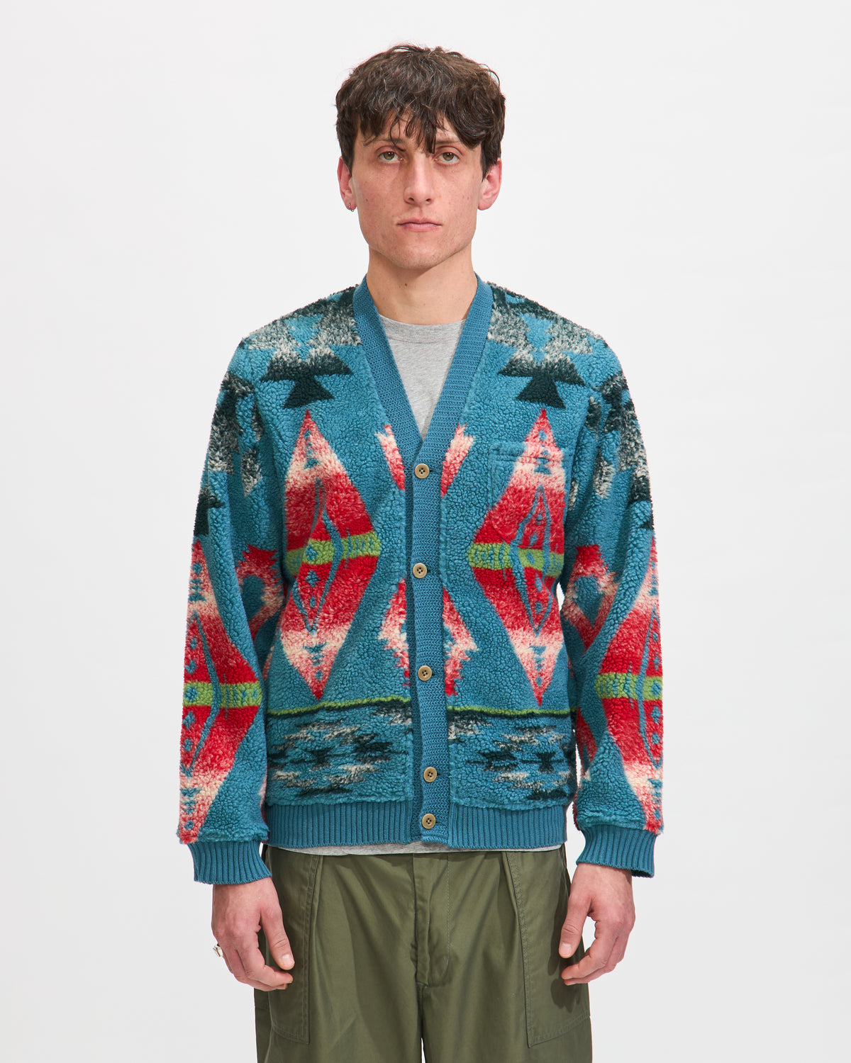 Beams Plus Cardigan Boa Jacquard in Turquoise Homme Essentials 