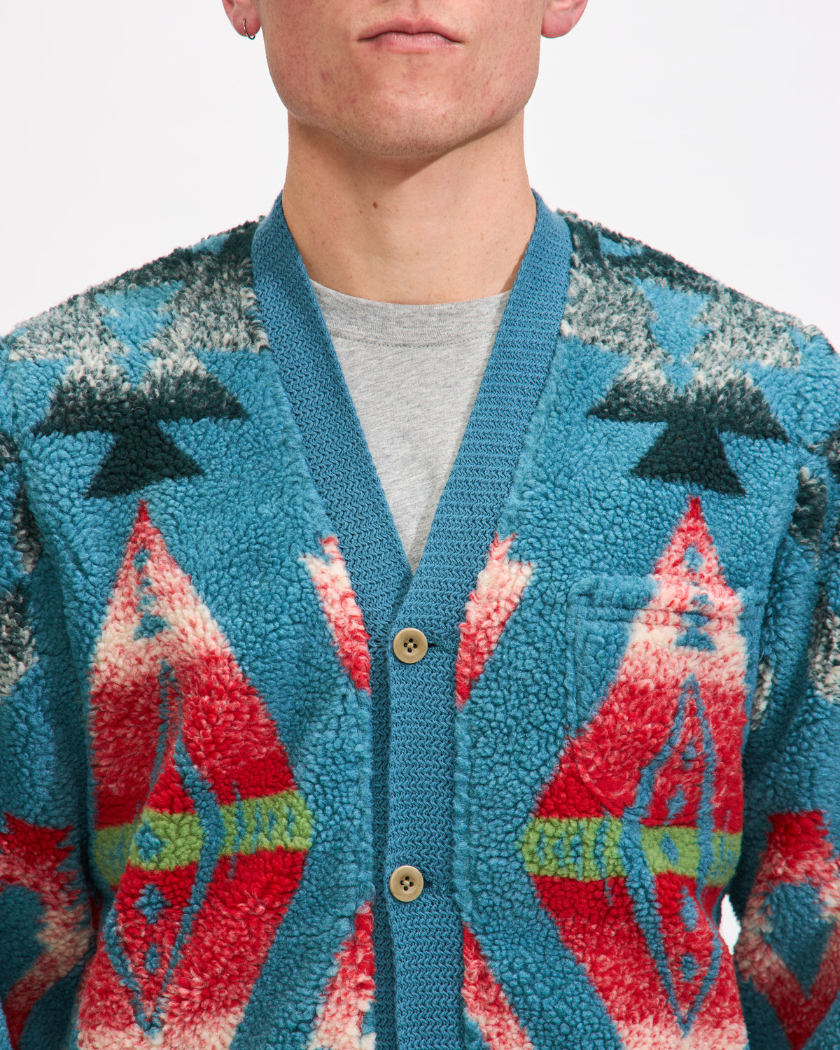 Beams Plus Cardigan Boa Jacquard in Turquoise Homme Essentials 