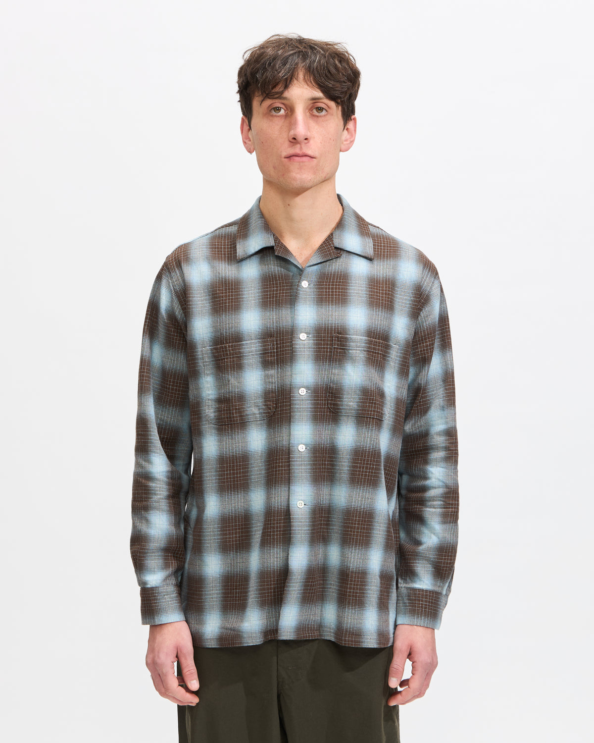 Beams Plus Open Collar Indigo Ombre Plaid in Brown Homme Essentials 