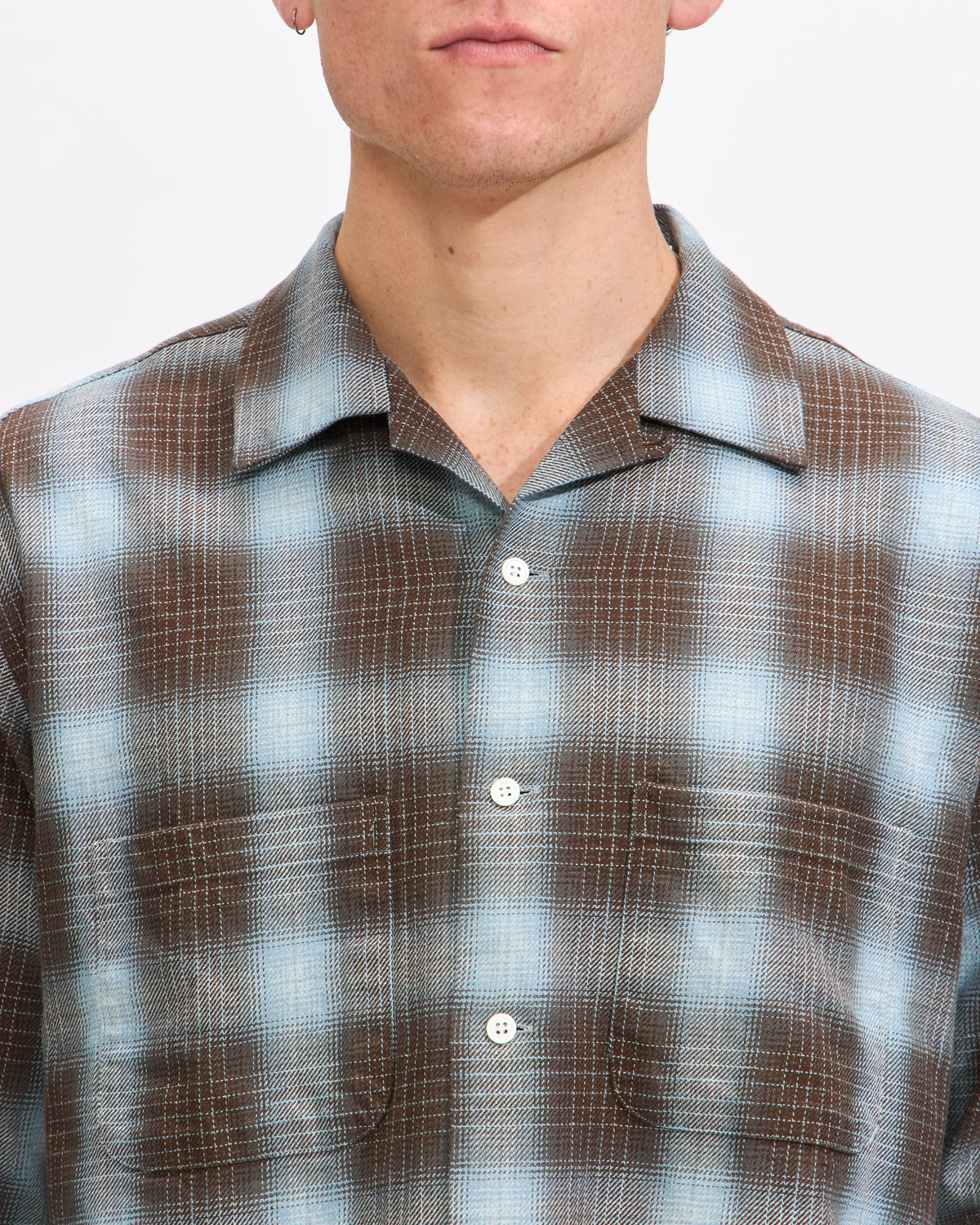Beams Plus Open Collar Indigo Ombre Plaid in Brown Homme Essentials 