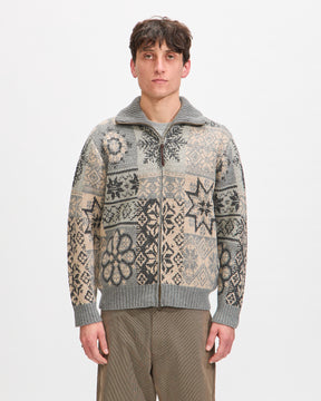 Beams Plus Zip Cardigan Double Jacquard Patchwork Like Pattern in Grey Homme Essentials 
