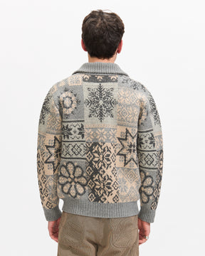 Beams Plus Zip Cardigan Double Jacquard Patchwork Like Pattern in Grey Homme Essentials 
