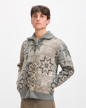 Beams Plus Zip Cardigan Double Jacquard Patchwork Like Pattern in Grey Homme Essentials 