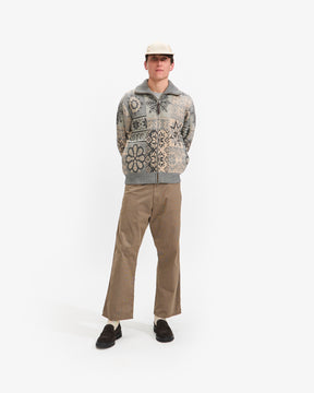 Beams Plus Zip Cardigan Double Jacquard Patchwork Like Pattern in Grey Homme Essentials 