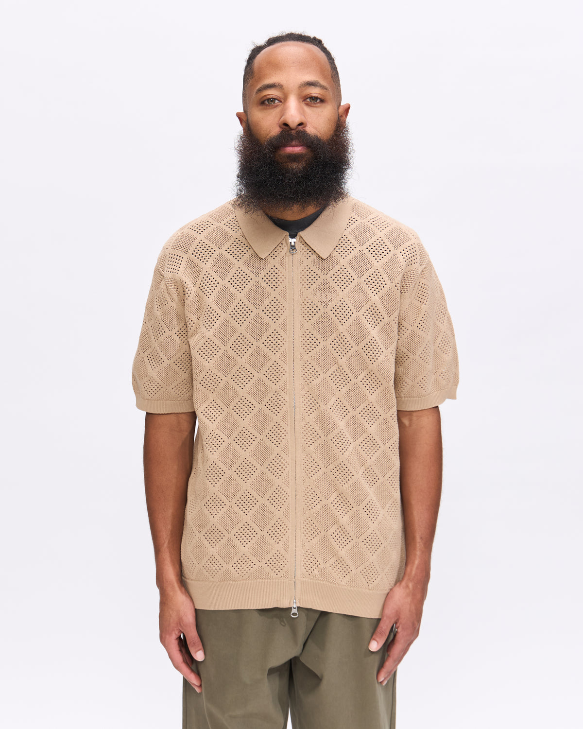 Beams Plus Zip Knit Polo Mesh in Beige Homme Essentials 