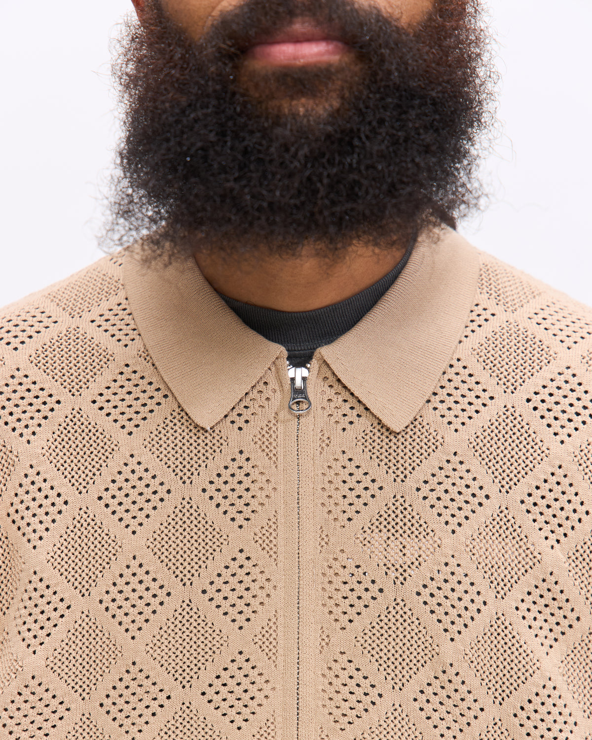 Beams Plus Zip Knit Polo Mesh in Beige Homme Essentials 