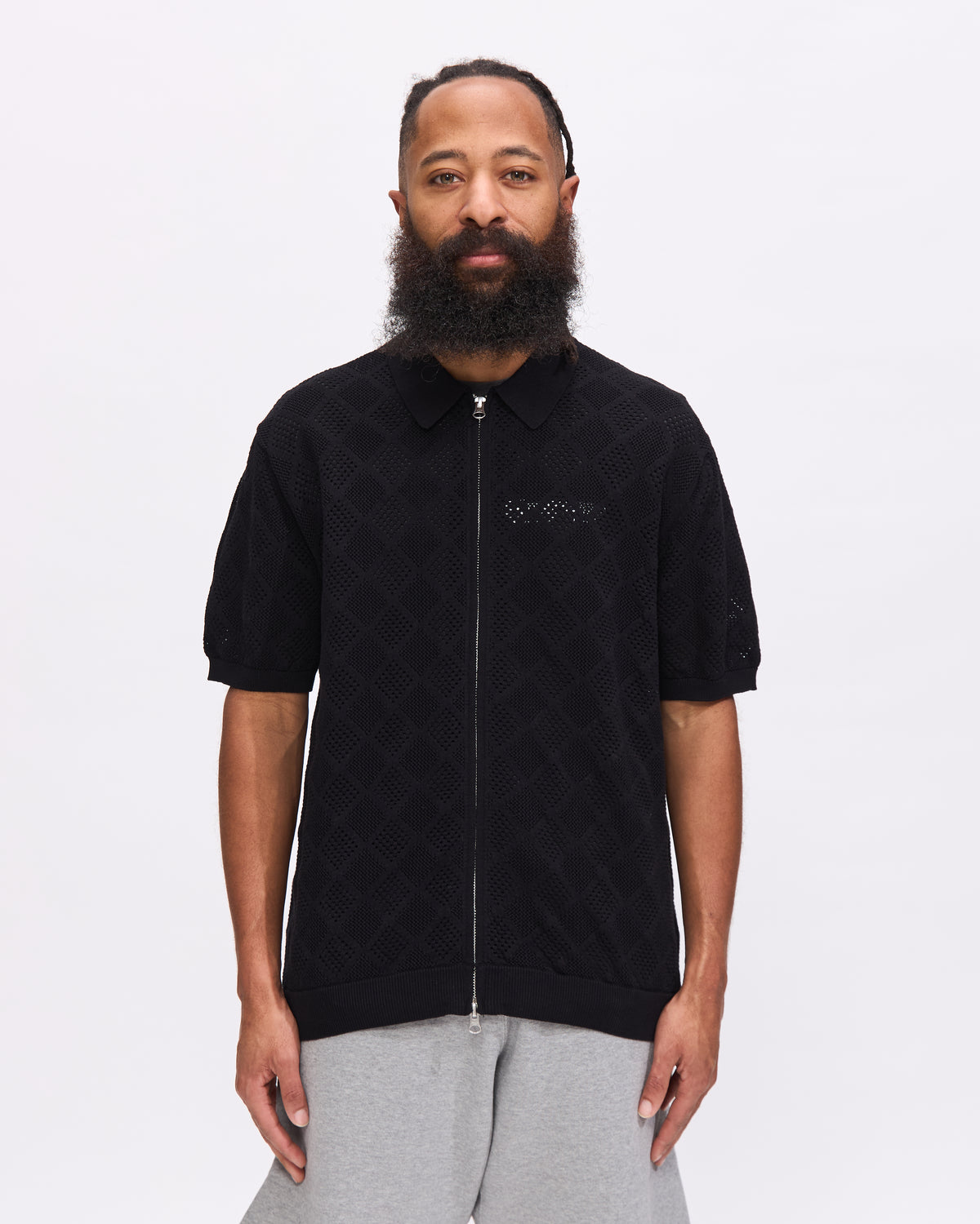 Beams Plus Zip Knit Polo Mesh in Black Homme Essentials 