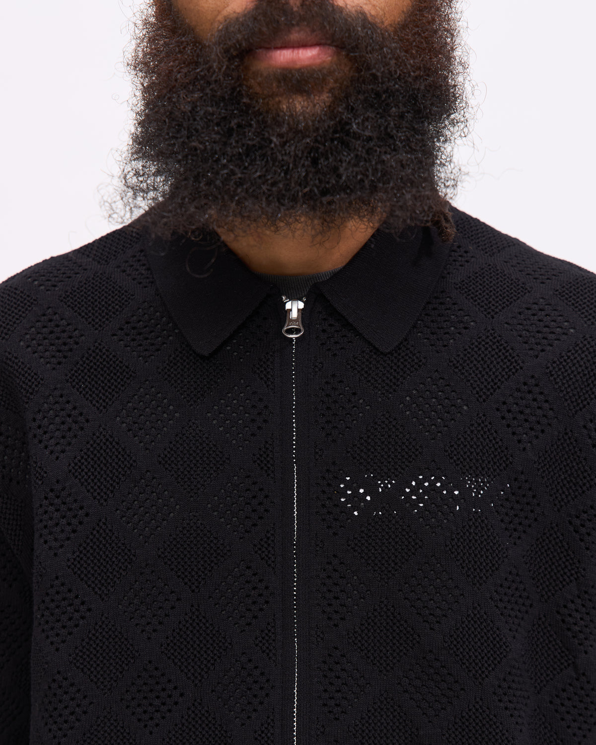 Beams Plus Zip Knit Polo Mesh in Black Homme Essentials 