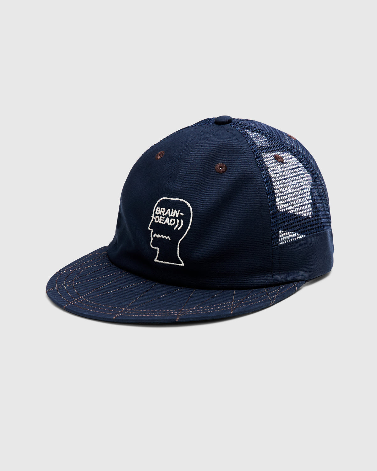 Brain Dead Logohead Long Brim Mesh Panel Hat in Navy Homme Essentials 