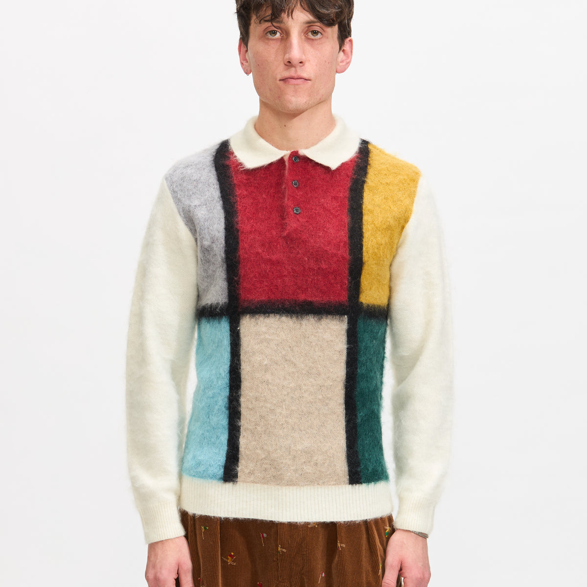 Beams Plus Knit Polo Shaggy Sweater in White | Homme Essentials