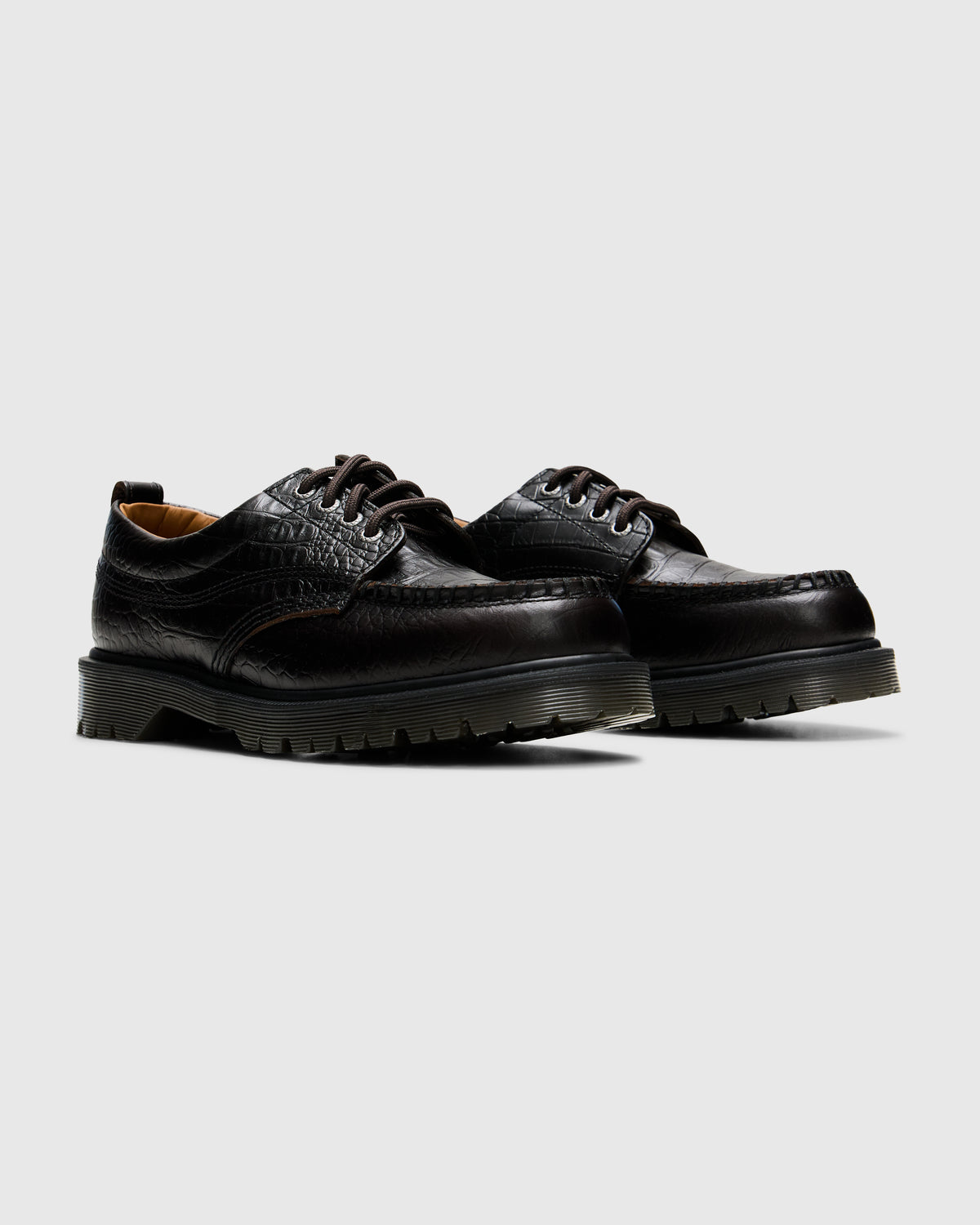 Dr. Martens Lowell Moc Toe Shoes in Dark Brown Analine Croc Emboss Homme Essentials 