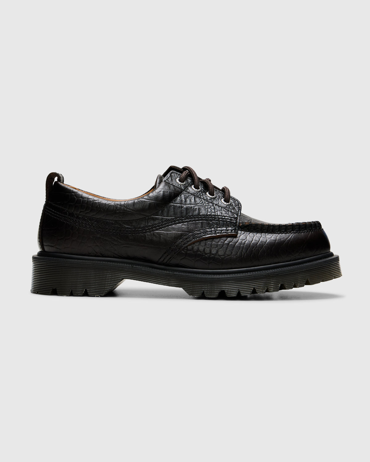 Dr. Martens Lowell Moc Toe Shoes in Dark Brown Analine Croc Emboss Homme Essentials 