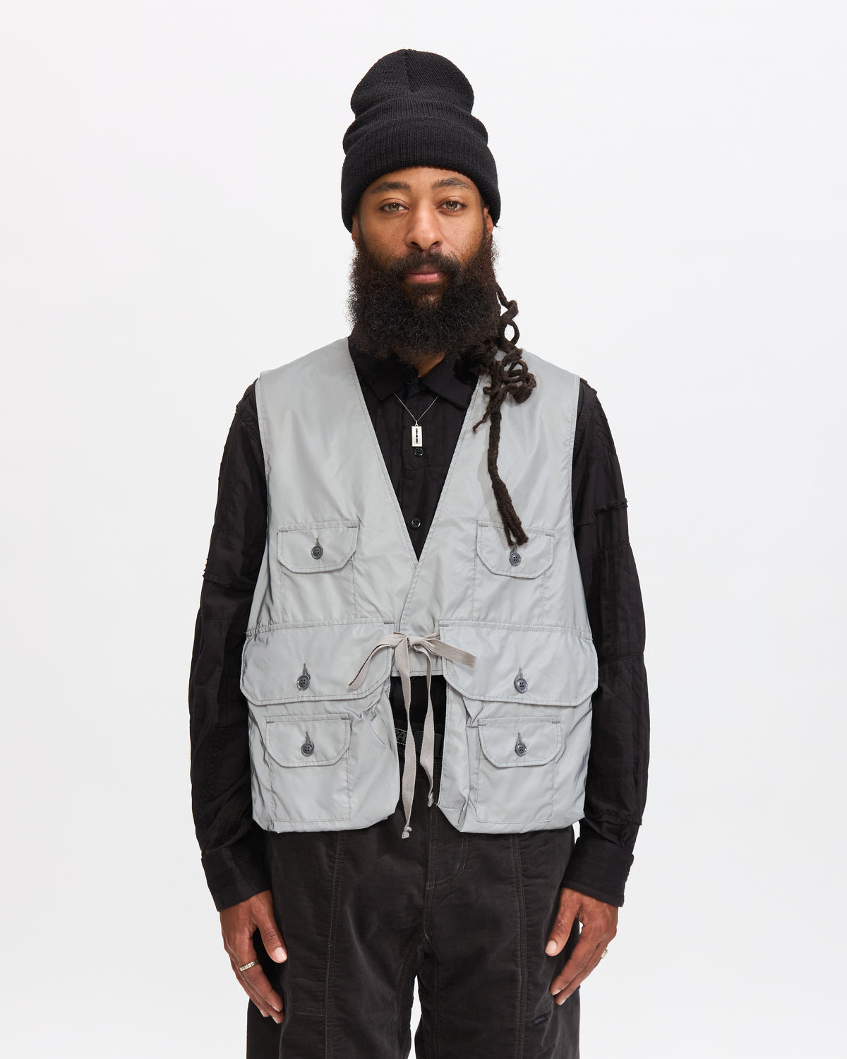 Engineered Garments Fowl Vest in Silver Poly Refrective Taffeta Homme Essentials