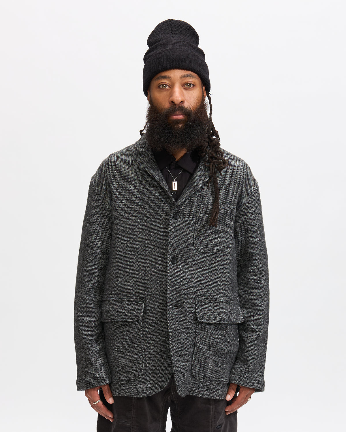 Engineered Garments Loiter Jacket in Grey Wool Herringbone Homme Essentials