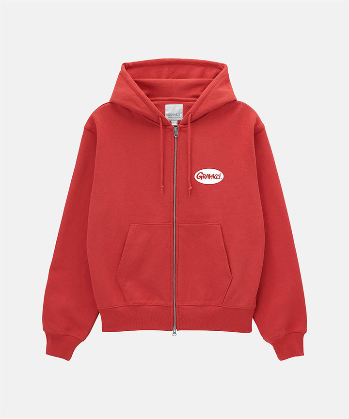 Oval Patch Zip Hooded Sweatshirt in Crimson Red