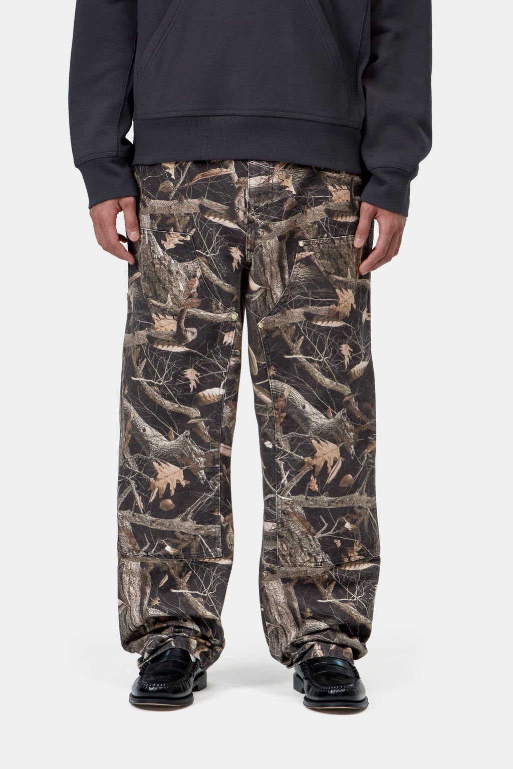 Double Knee Pant in Black Camo Feather Tree Heavy Stone Wash