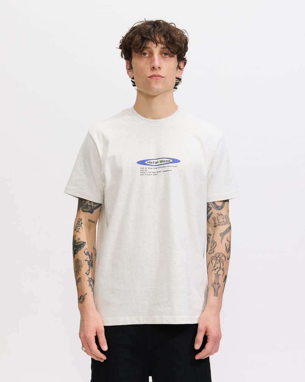 [LWOOD STUDIO] メタルウッドスタジオ Tシャツ T-Shirt Metalwood Studio Hello World T-Shirt in Heather Grey| Homme