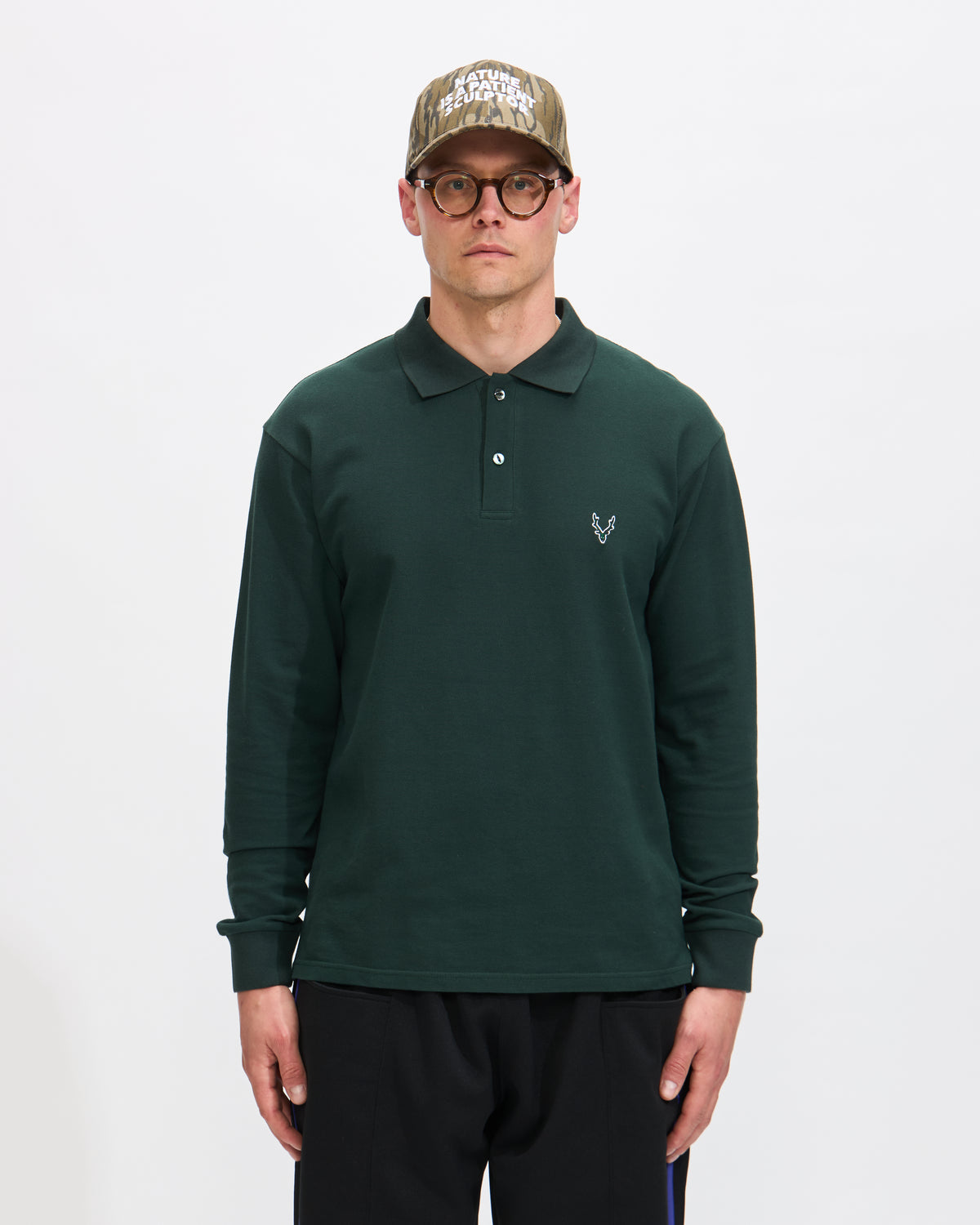 South2 West8 L/S Polo Shirt in Green Cotton Pique Homme Essentials 
