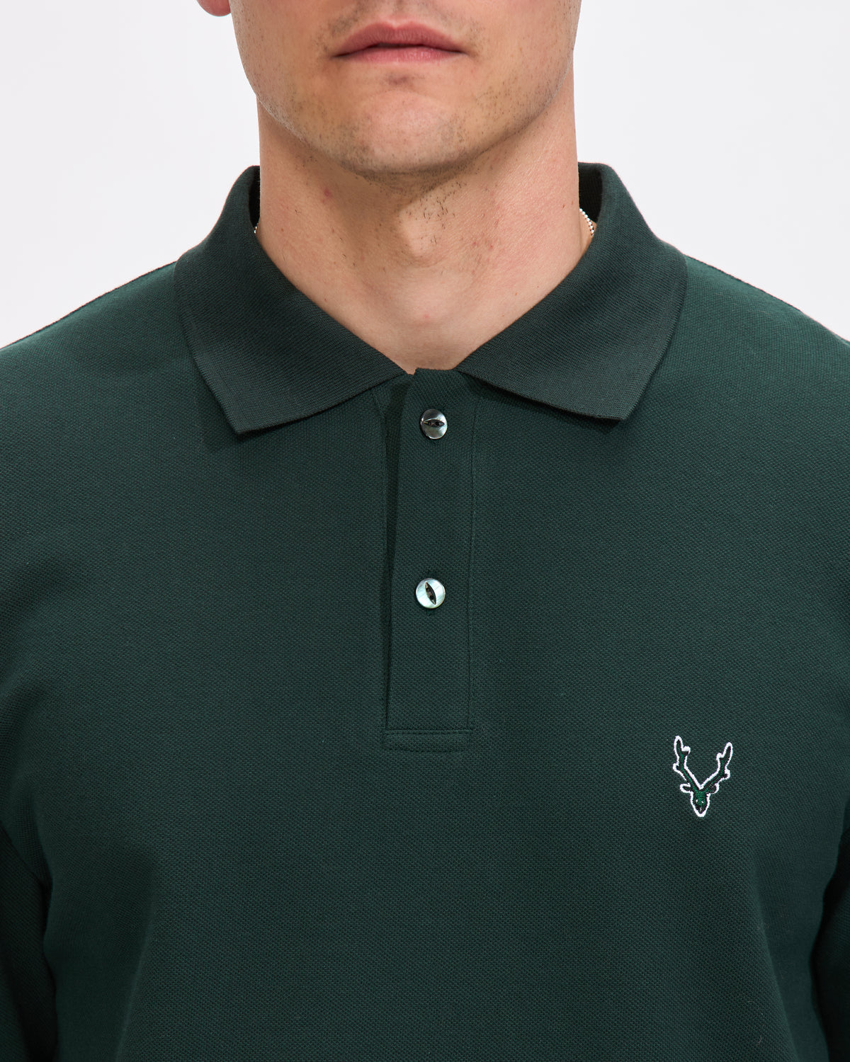 South2 West8 L/S Polo Shirt in Green Cotton Pique Homme Essentials 