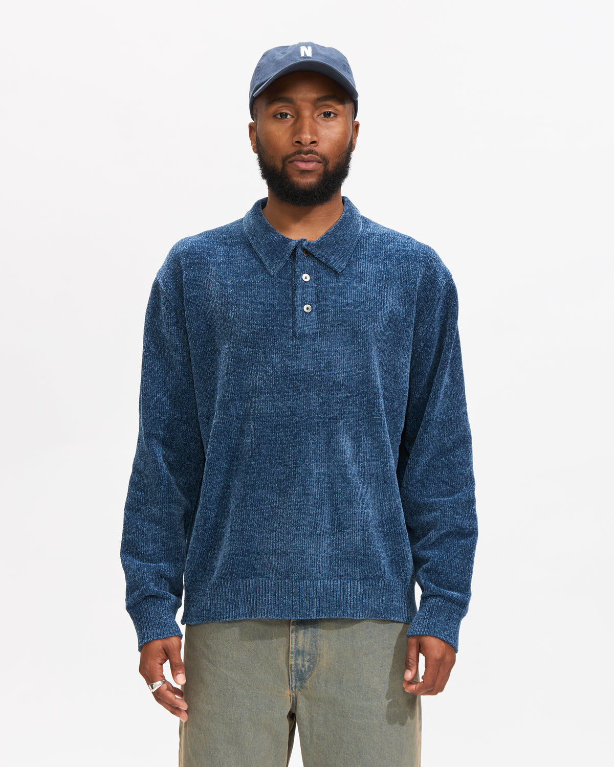 Thisisneverthat Velvet Knit Polo in Blue Homme Essentials 