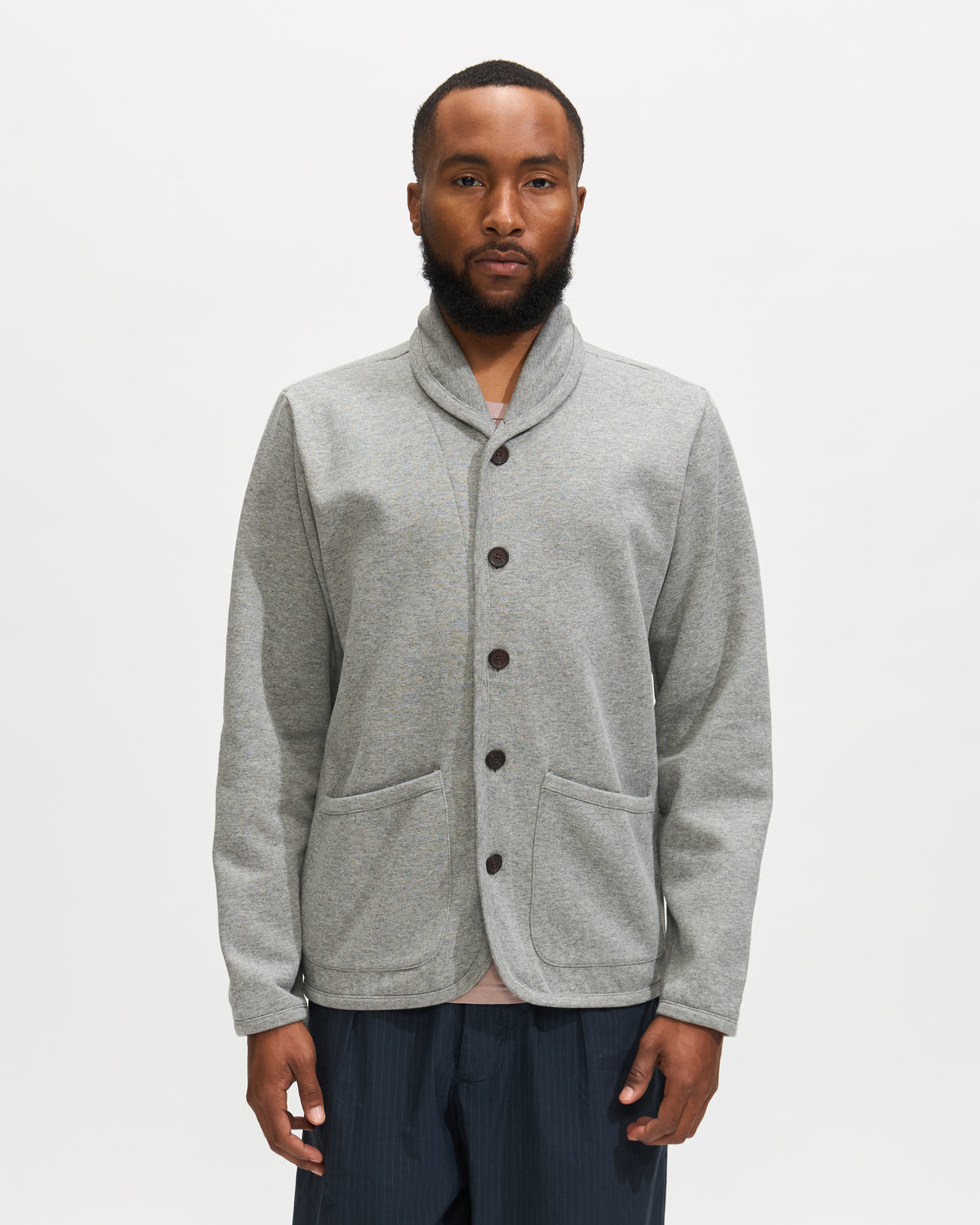 Universal Works Lancaster Jacket in Grey Marl Recycled Cotton Blend Jersey Homme Essentials 