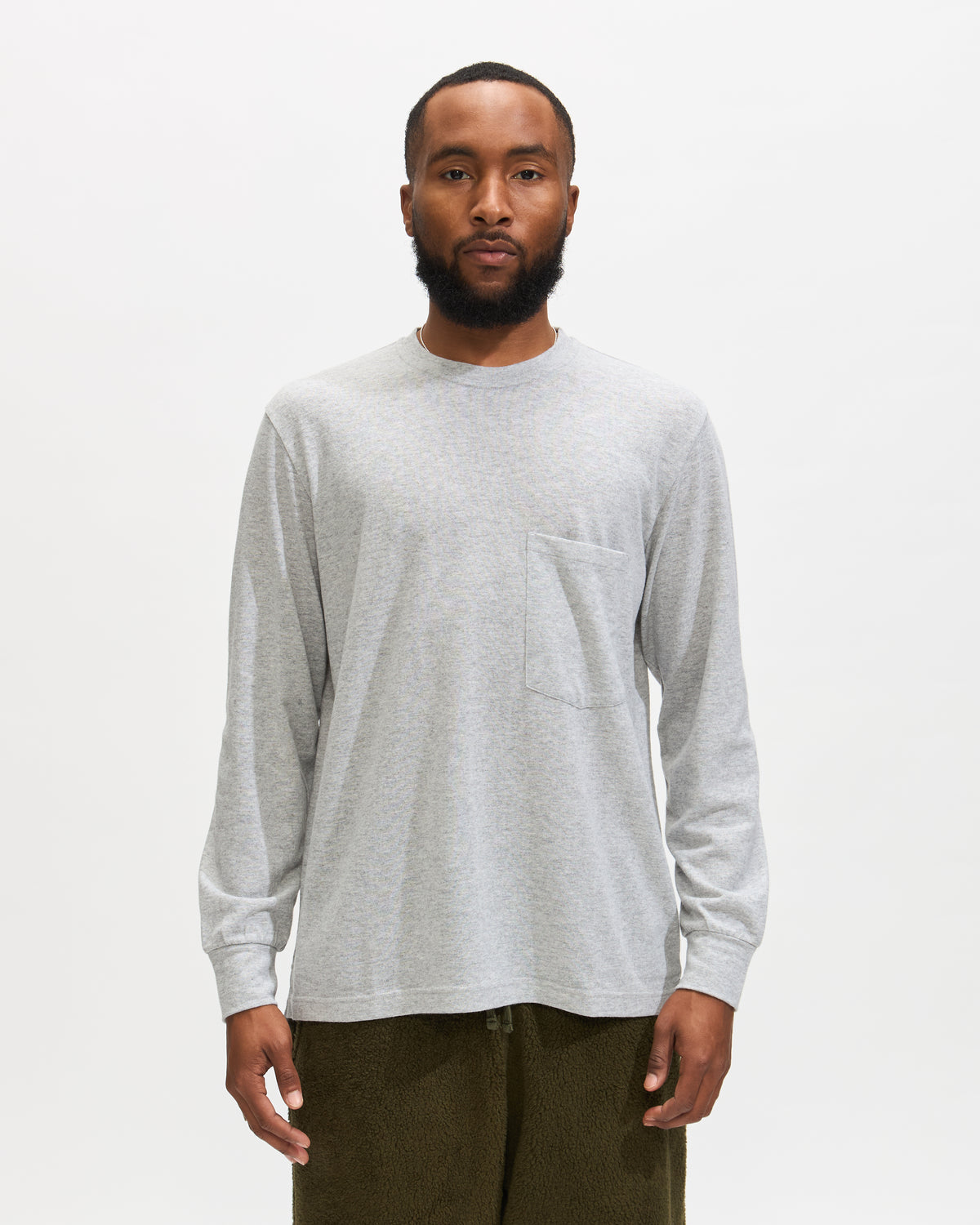 Universal Works Loose L/S Tee in Grey Marl Recycled Wool Mix Homme Essentials 