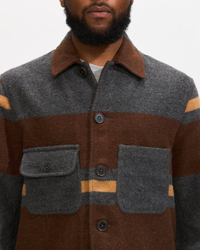 Universal Works Merchant Jacket in Charcoal Stripe Blanket Wool Mix Homme Essentials 
