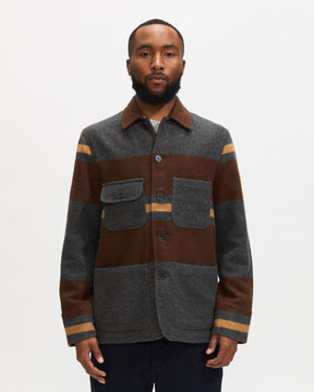 Universal Works Merchant Jacket in Charcoal Stripe Blanket Wool Mix Homme Essentials 