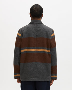 Universal Works Merchant Jacket in Charcoal Stripe Blanket Wool Mix Homme Essentials 