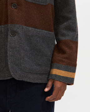 Universal Works Merchant Jacket in Charcoal Stripe Blanket Wool Mix Homme Essentials 