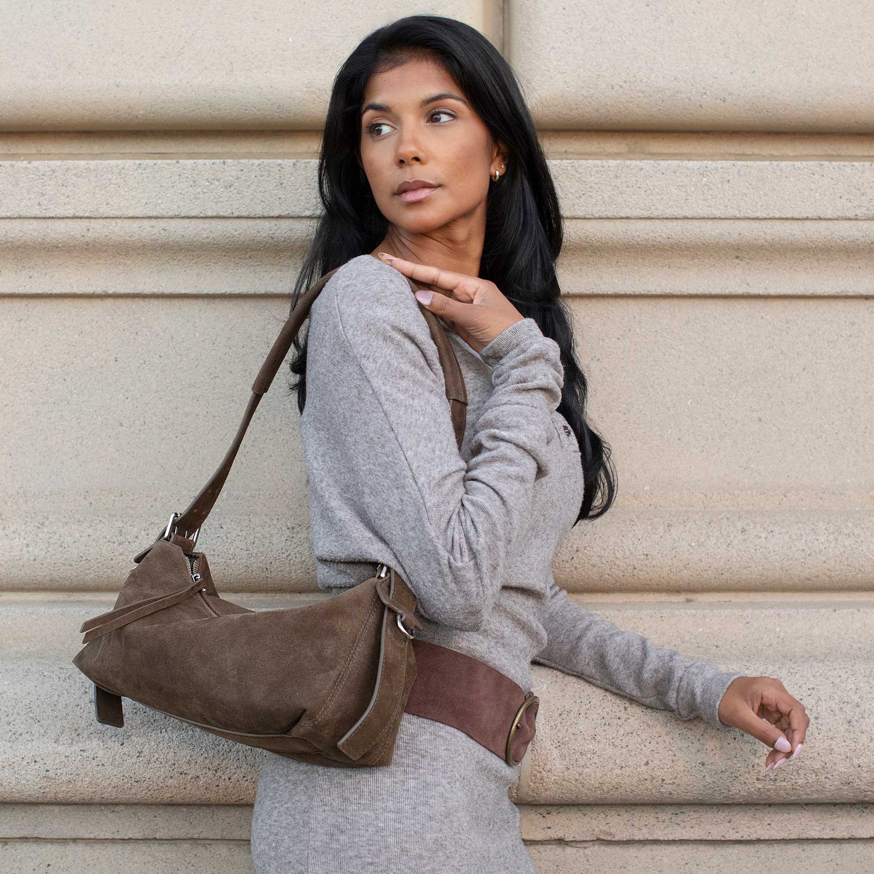 Valeria Chocolate Recycled Vegan Suede Shoulder Bag