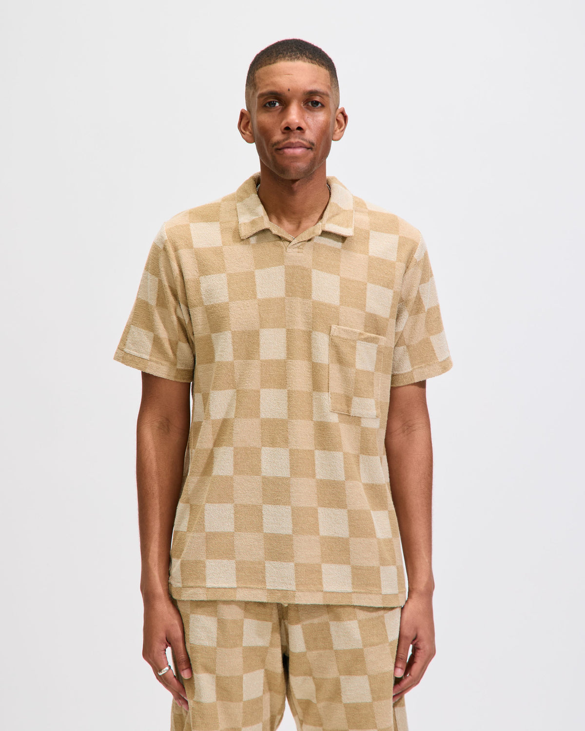 Vacation Polo In Sand Checkboard Towelling