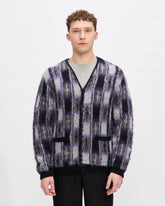 Jacquard Knit Checked Cardigan in Purple