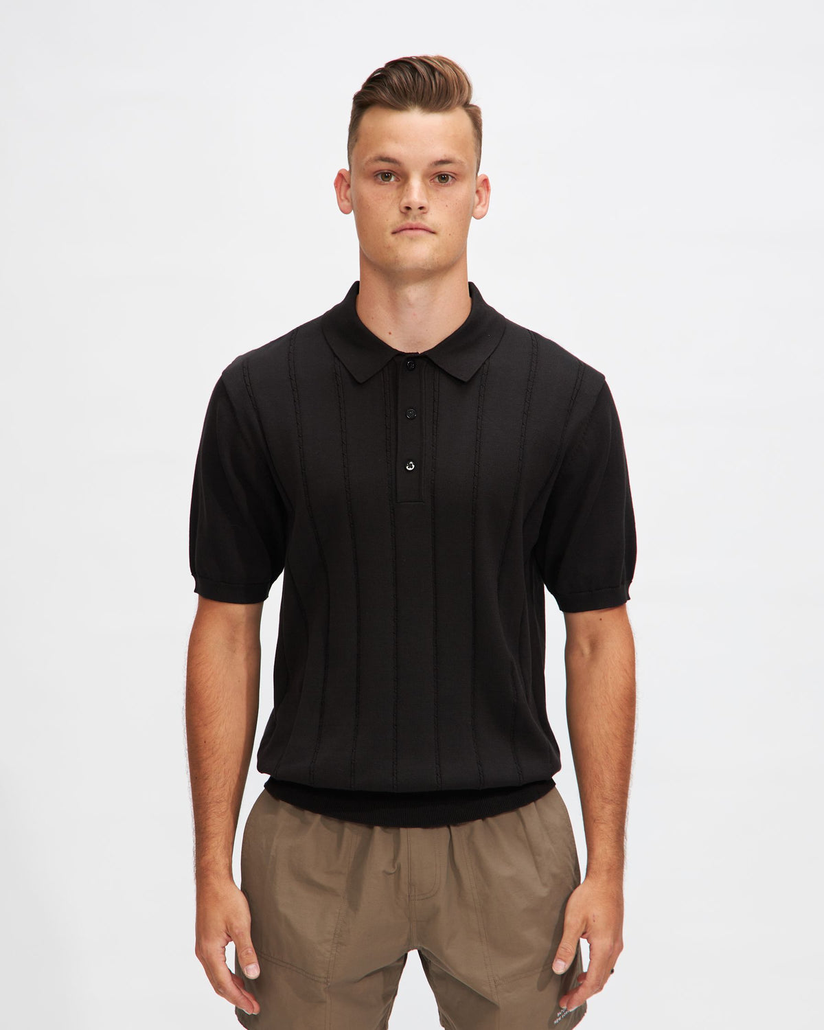 Jammed Mini Cable Knit Polo in Black