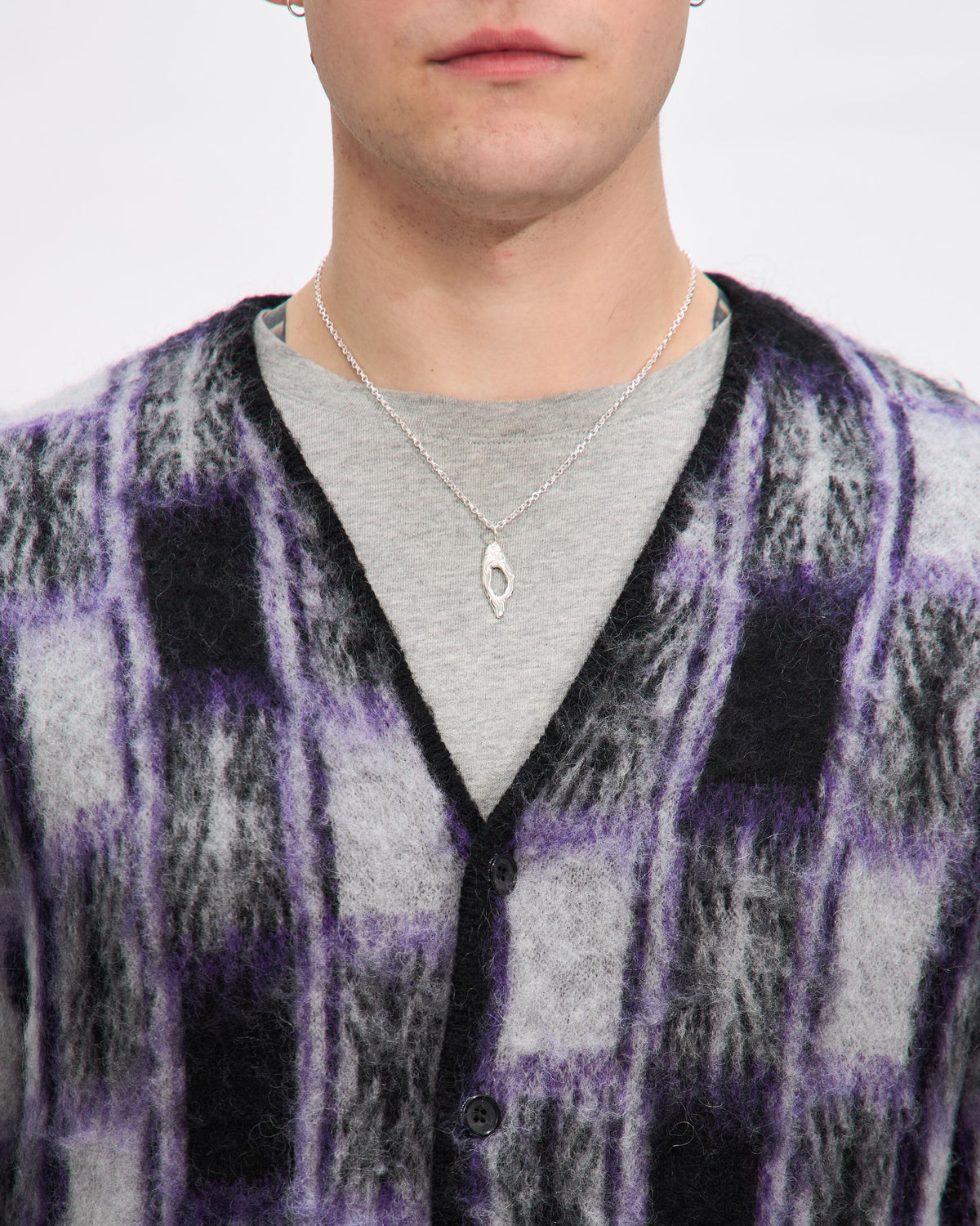 Jacquard Knit Checked Cardigan in Purple