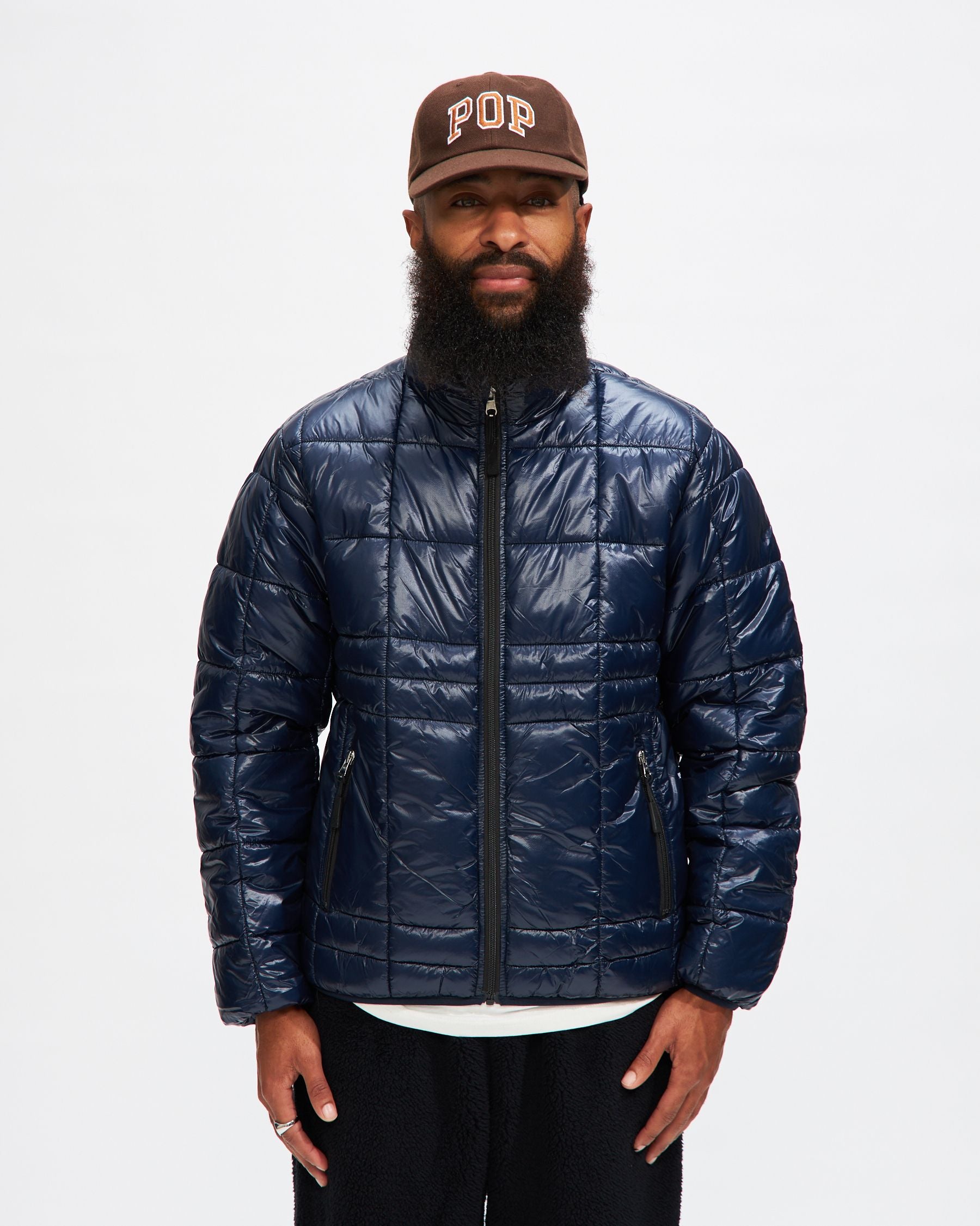 Quilted Reversible Puffer Jacket In Navy/ Drizzle