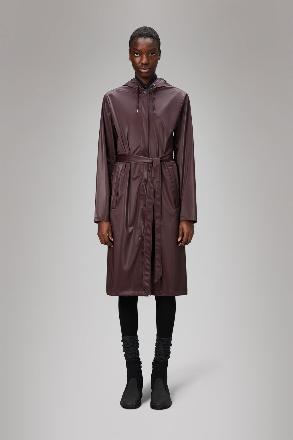 Maroon Rains A-Line Long Trench raincoat on a light gray background