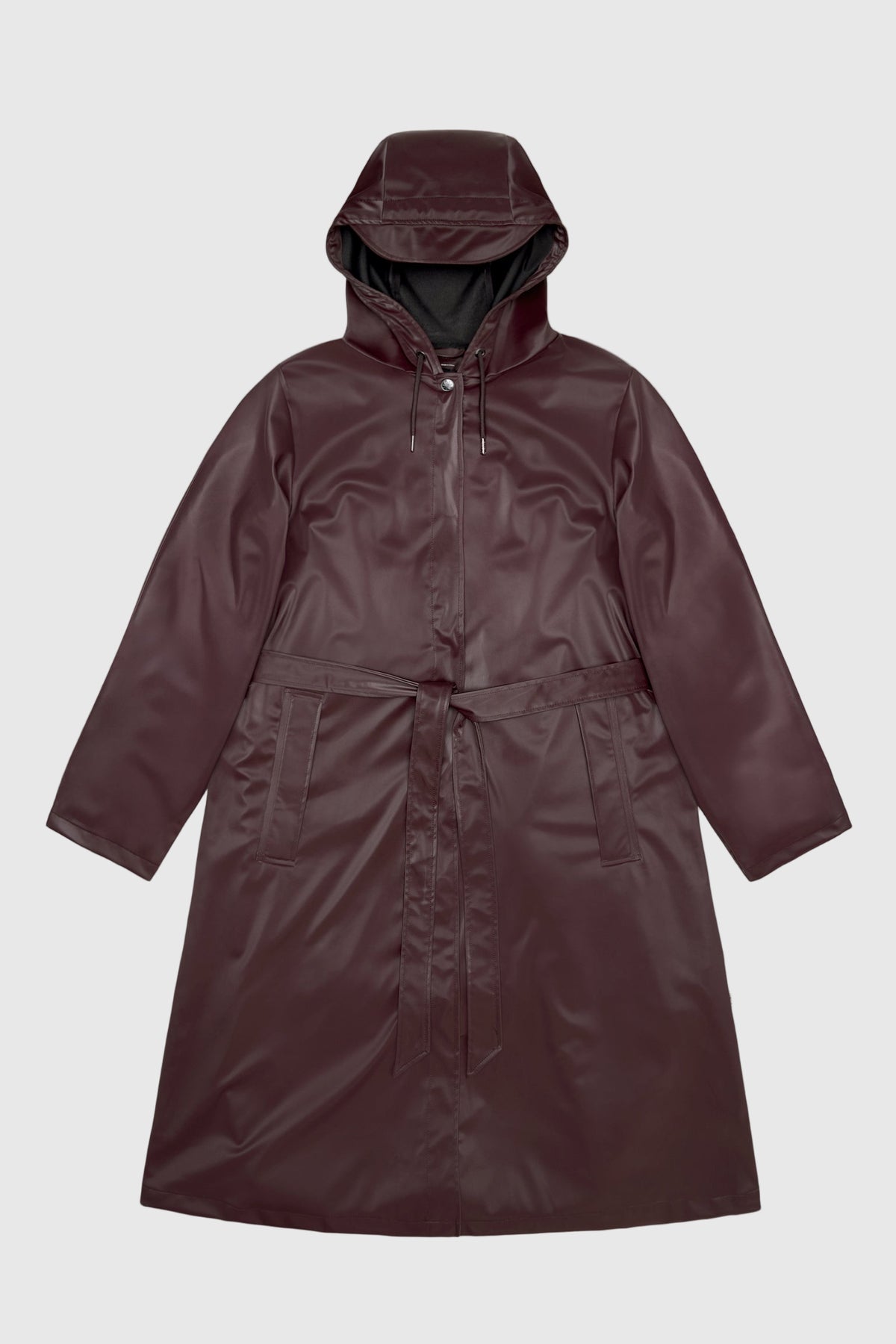 Maroon Rains A-Line Long Trench raincoat on a light gray background