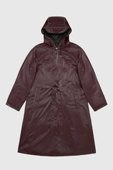 Maroon Rains A-Line Long Trench raincoat on a light gray background