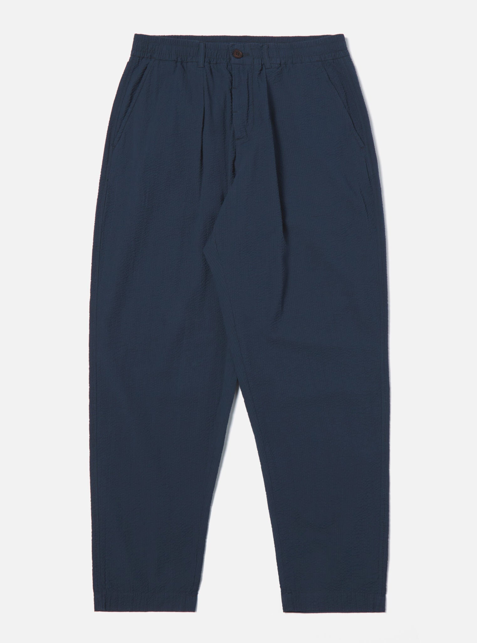 Pleated Track Pant in Navy Cotton Seersucker